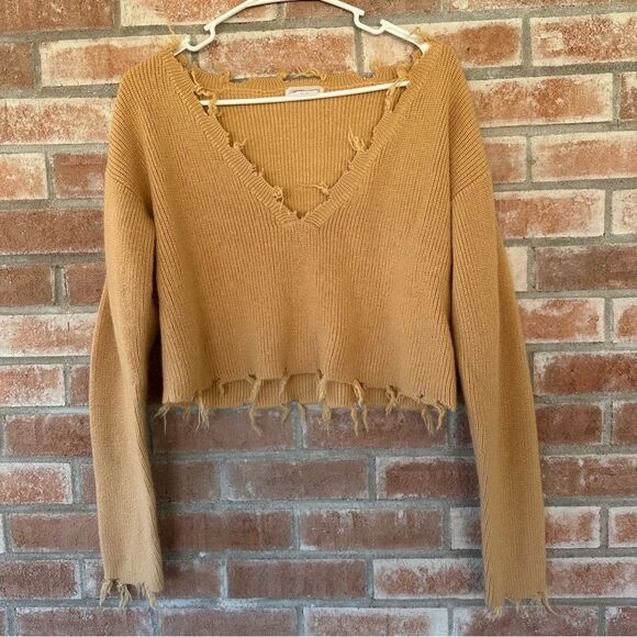 Lovers + Friends Revolve Prospect V Neck Knit Sweater Distressed Tan Crop Small - Picture 2 of 9